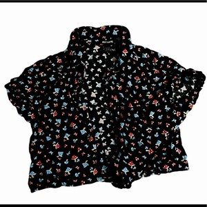 Black button up mushroom and butterfly shirt